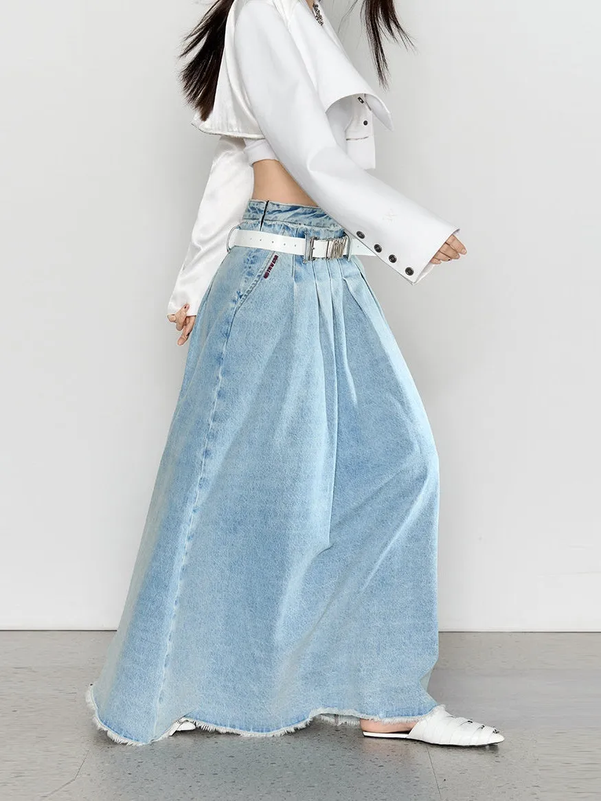 Large Pleated Washed Denim Skirt
