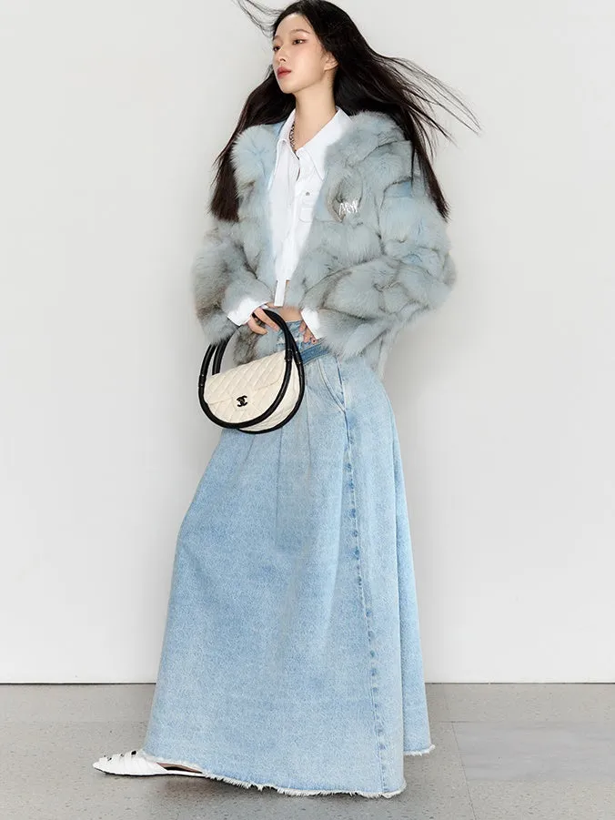 Large Pleated Washed Denim Skirt