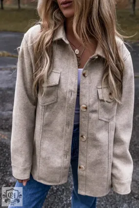 Light Grey Turn Down Collar Flap Pockets Buttoned Shacket
