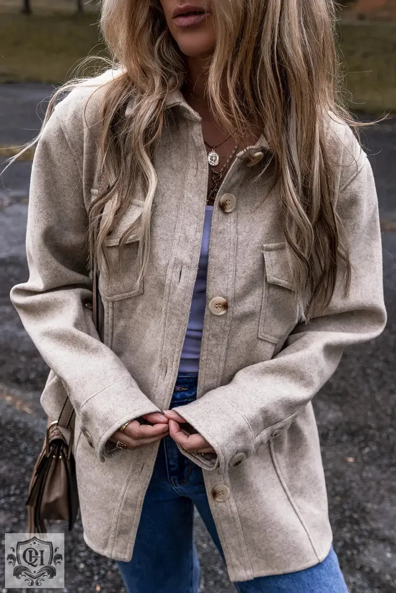 Light Grey Turn Down Collar Flap Pockets Buttoned Shacket
