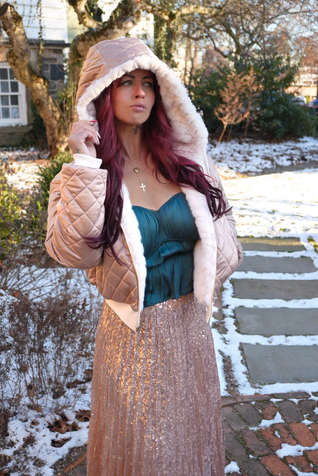 Lulu’s Rose Gold Sequin Midi Skirt