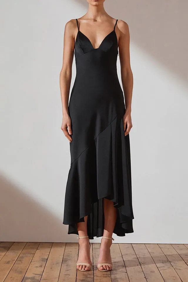 Luxe Bias Asymmetrical Slip Dress in Onyx