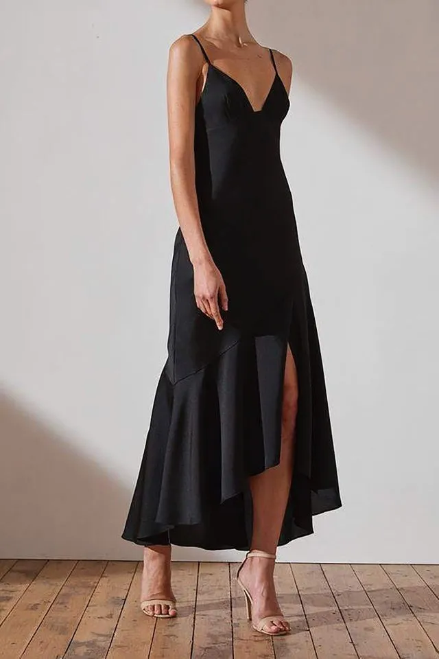 Luxe Bias Asymmetrical Slip Dress in Onyx