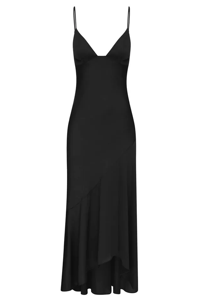 Luxe Bias Asymmetrical Slip Dress in Onyx