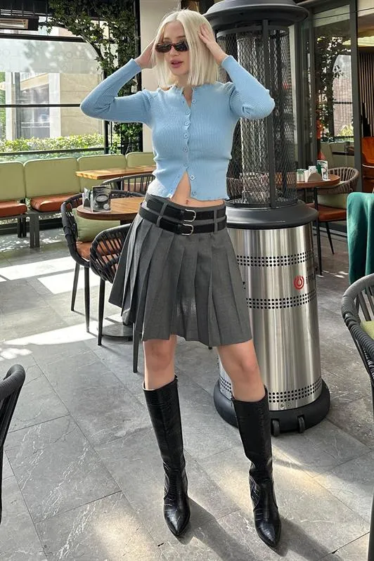 MDX Anthracite Pleated Two-Belted Women's Skirt MG2246 - Santa Eulalia del Río