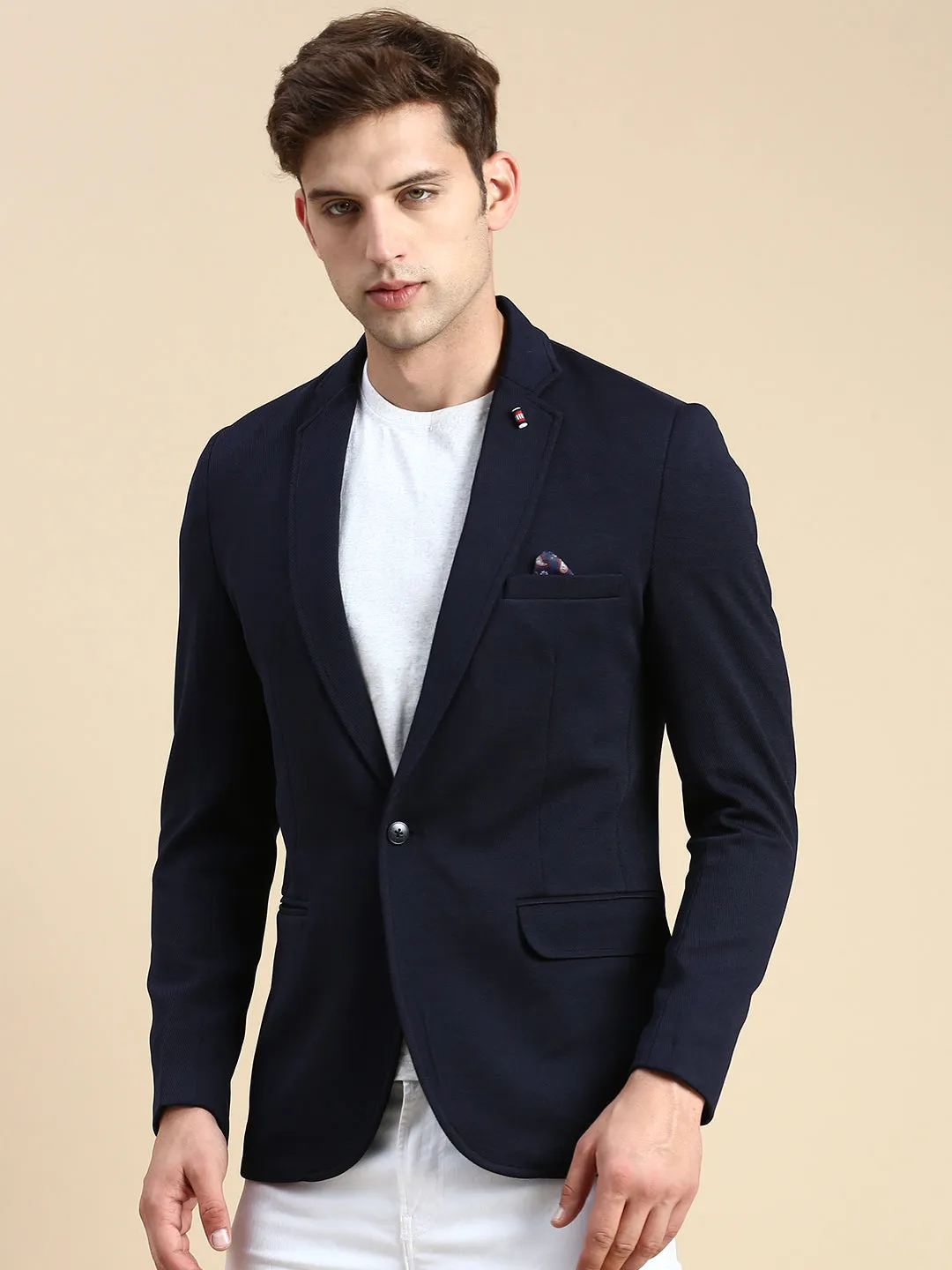 Men Navy Solid Casual Blazer