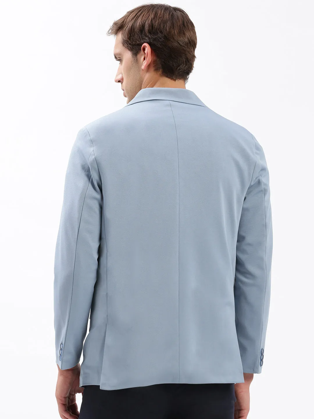 Men Notched Lapel Solid Blue Blazer