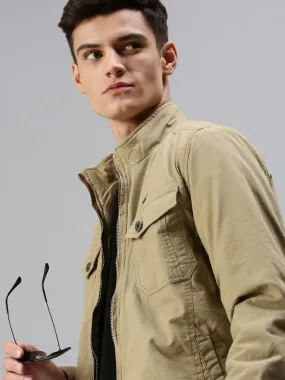 Men Solid Khaki Biker Jacket