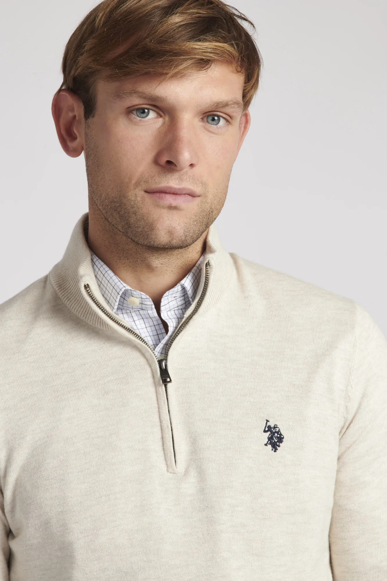 Mens Cotton Funnel Neck 1/4 Zip Knit in Birch Marl