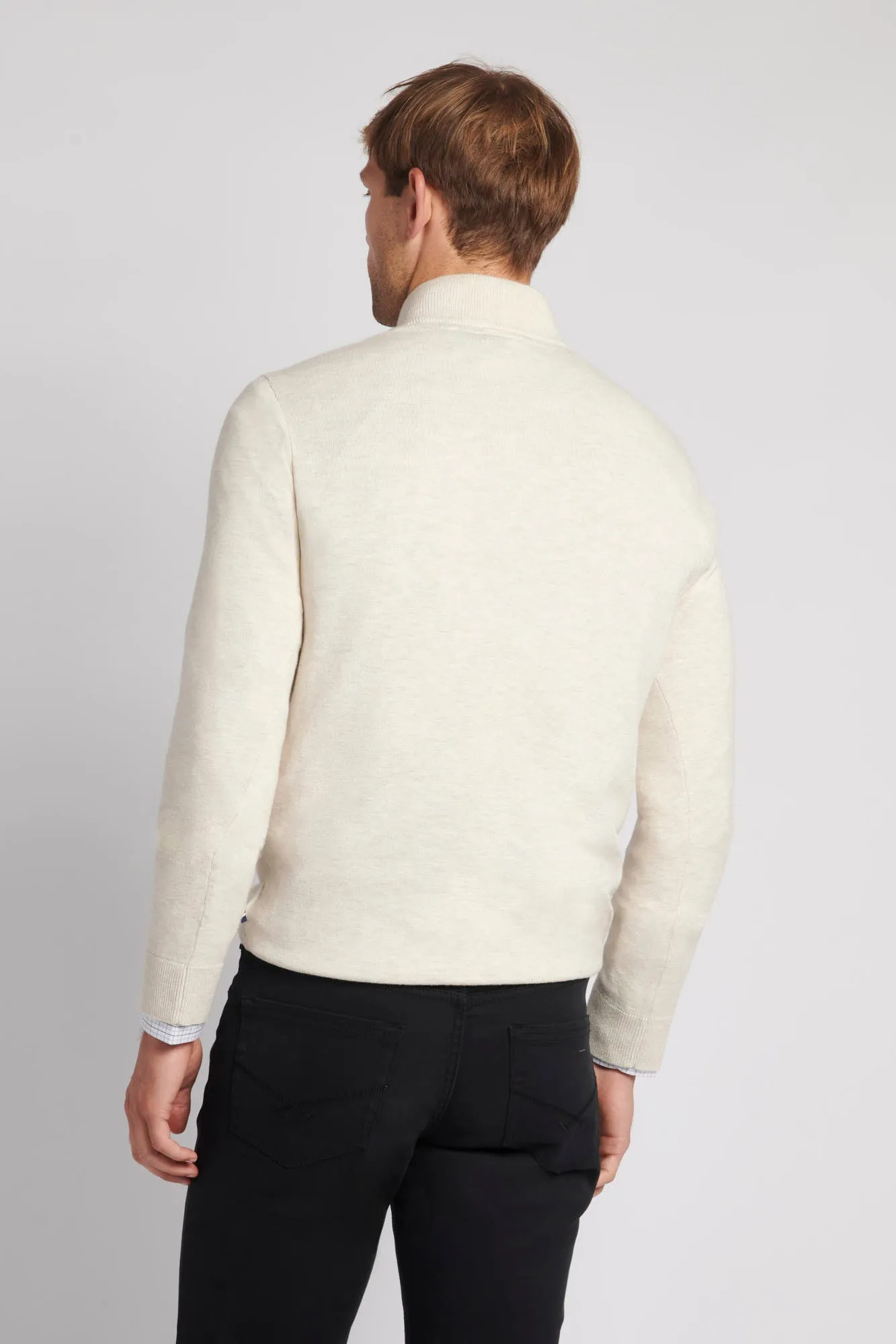 Mens Cotton Funnel Neck 1/4 Zip Knit in Birch Marl
