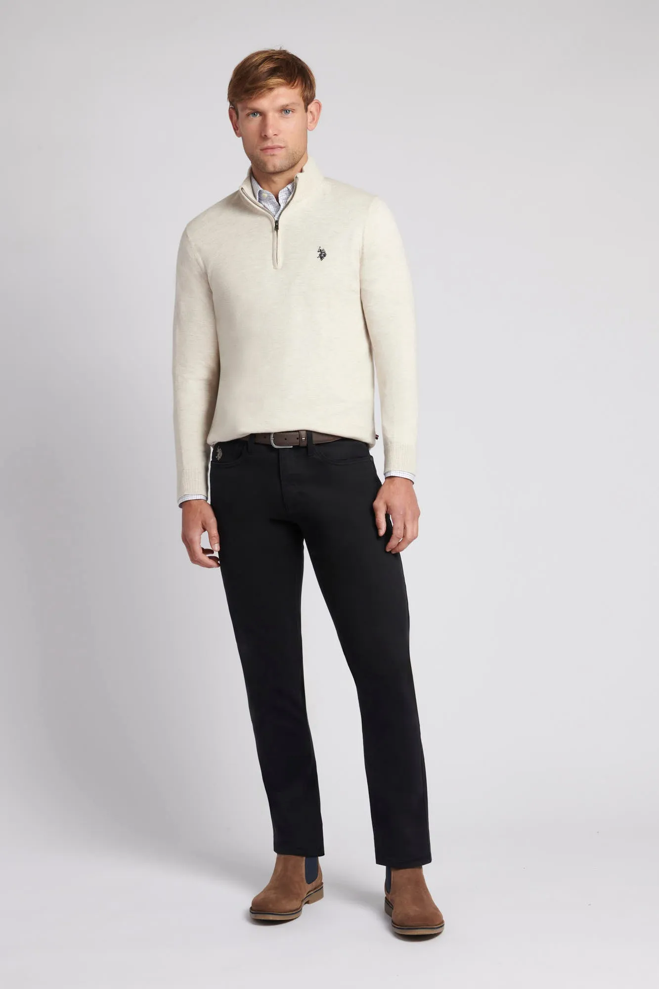 Mens Cotton Funnel Neck 1/4 Zip Knit in Birch Marl