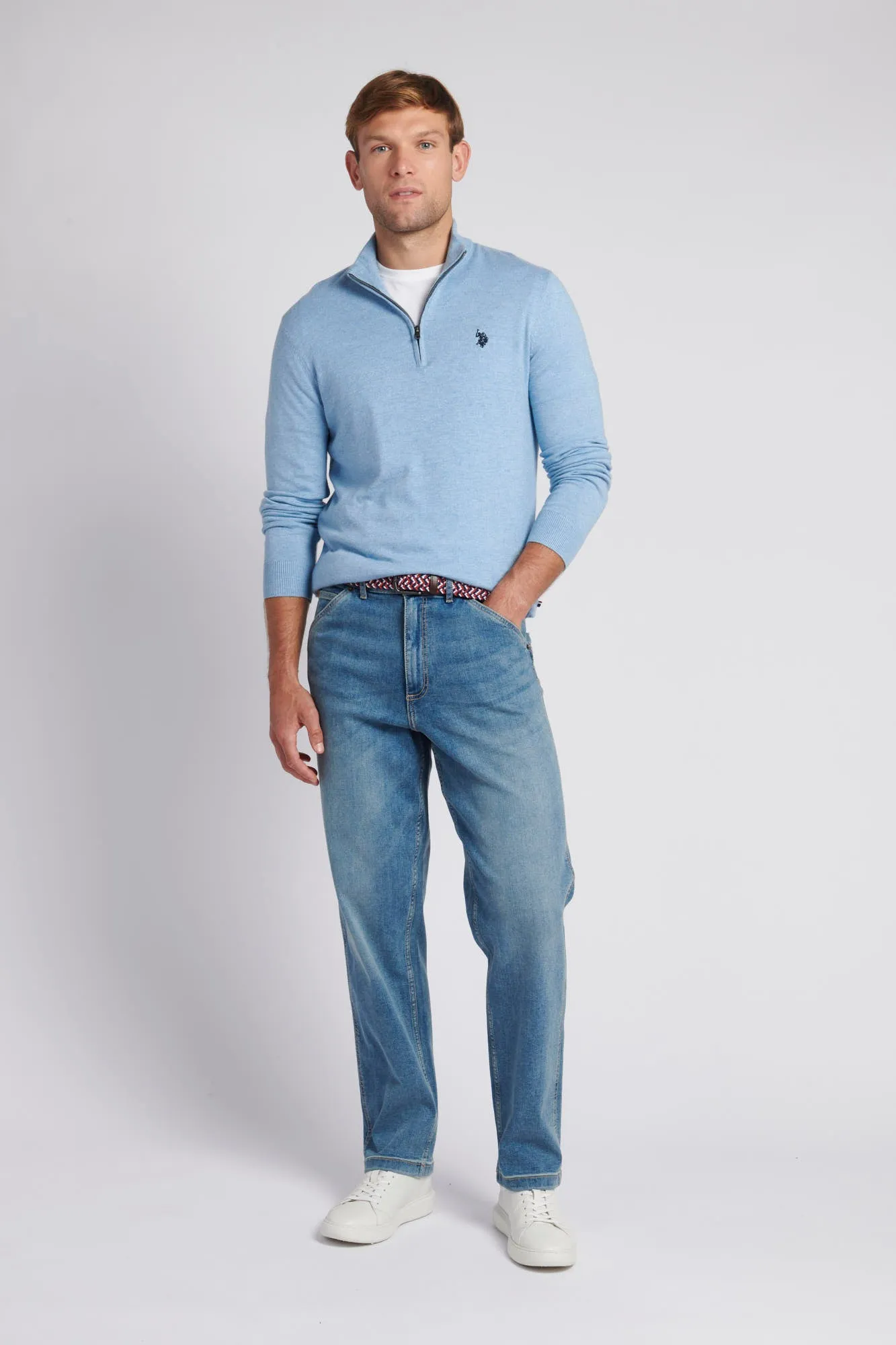 Mens Cotton Funnel Neck 1/4 Zip Knit in Parisian Blue Marl