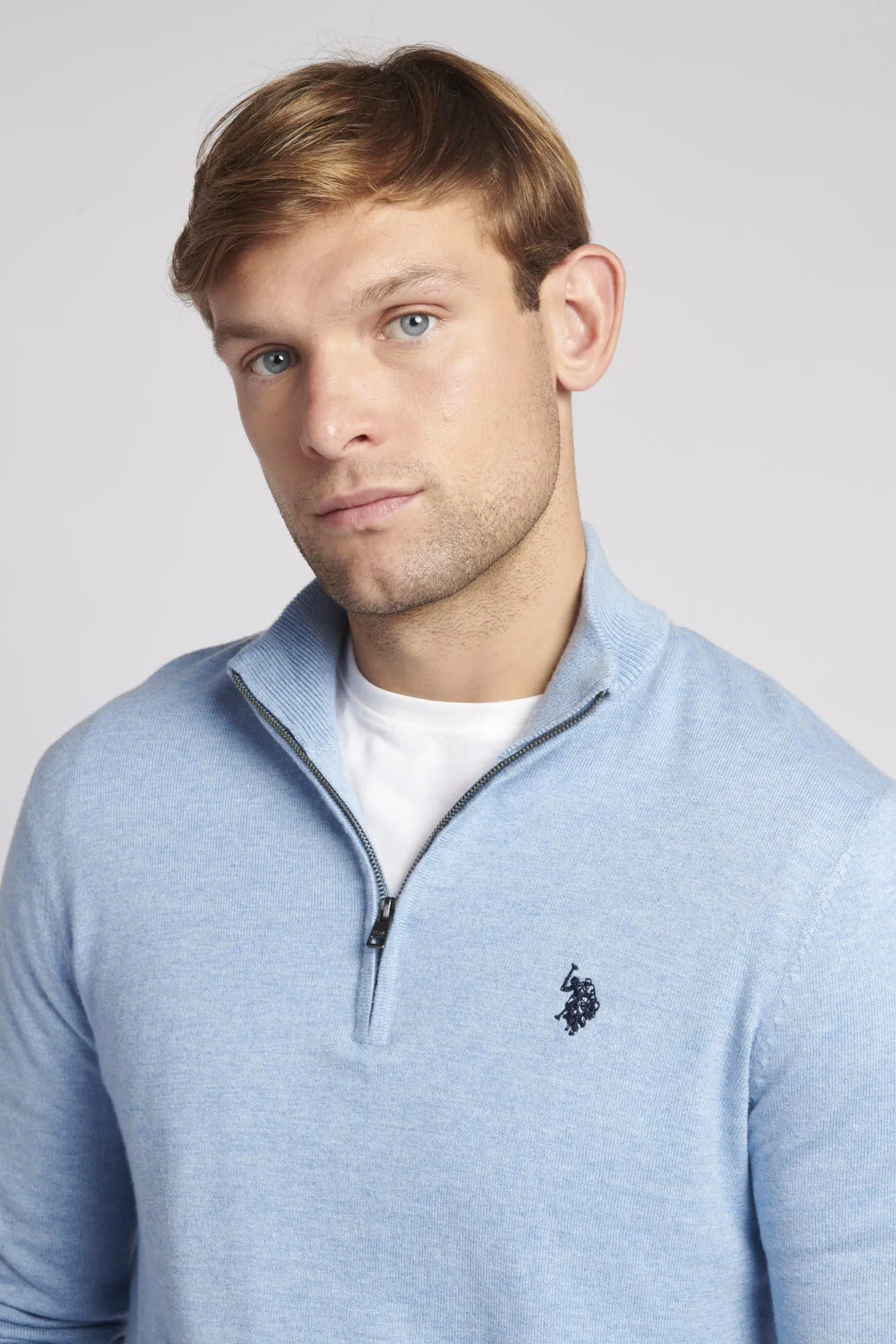 Mens Cotton Funnel Neck 1/4 Zip Knit in Parisian Blue Marl