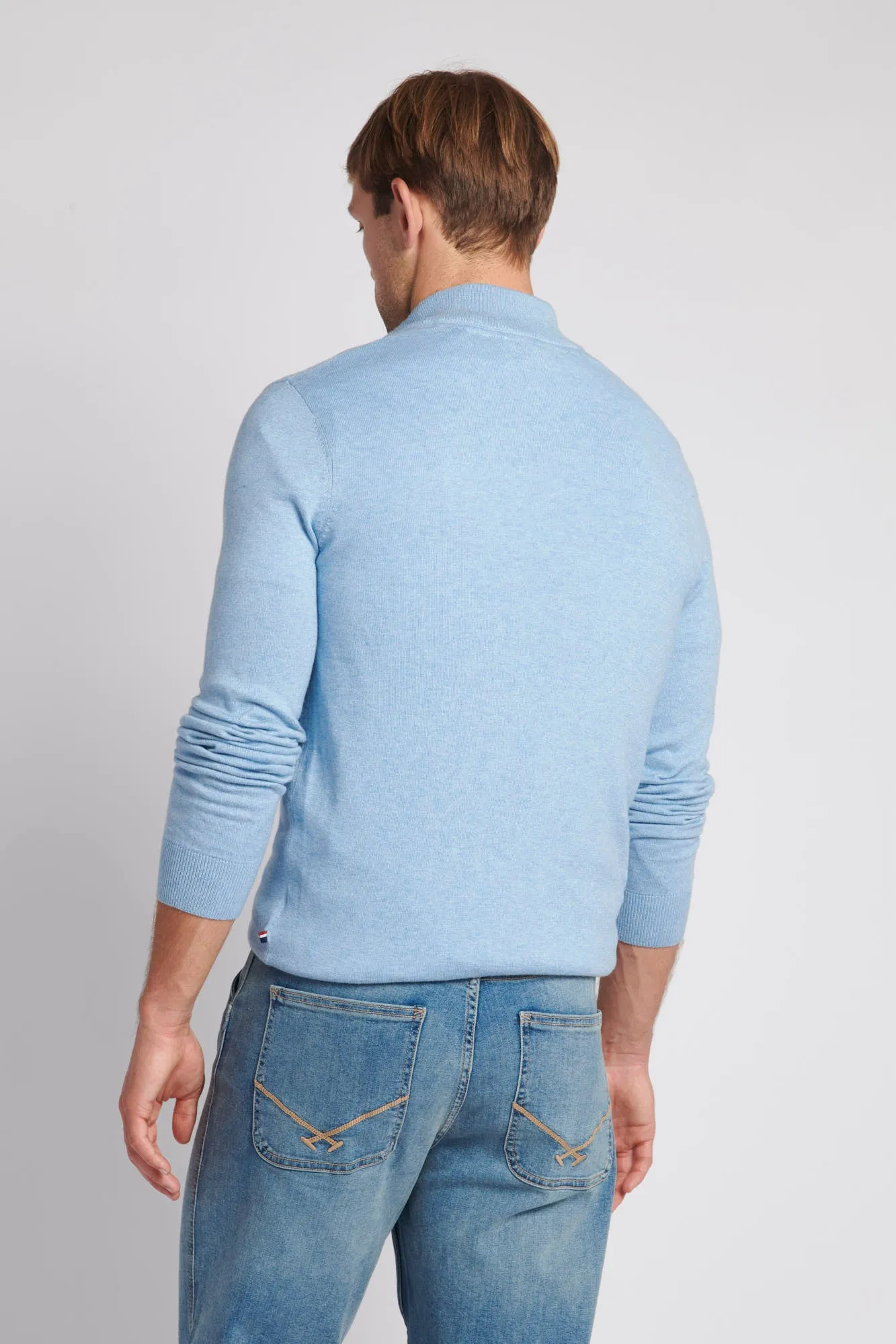 Mens Cotton Funnel Neck 1/4 Zip Knit in Parisian Blue Marl