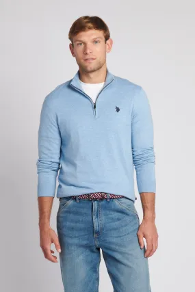 Mens Cotton Funnel Neck 1/4 Zip Knit in Parisian Blue Marl