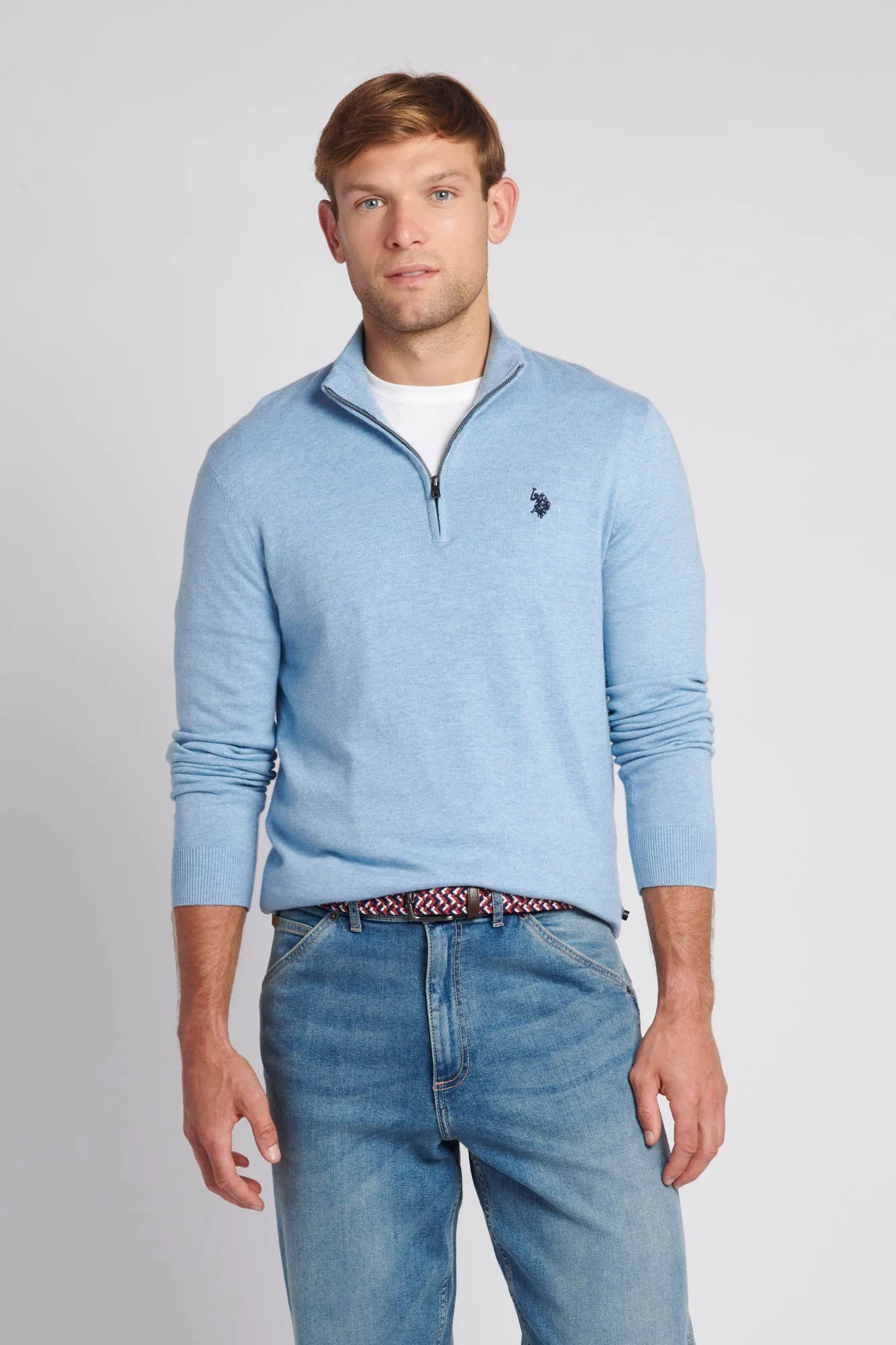 Mens Cotton Funnel Neck 1/4 Zip Knit in Parisian Blue Marl