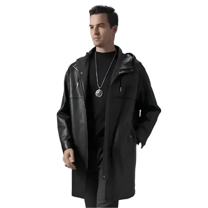 Men's Mid-Length Black Leather Coat with Hood – Stylish & Warm