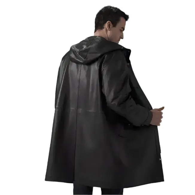 Men's Mid-Length Black Leather Coat with Hood – Stylish & Warm