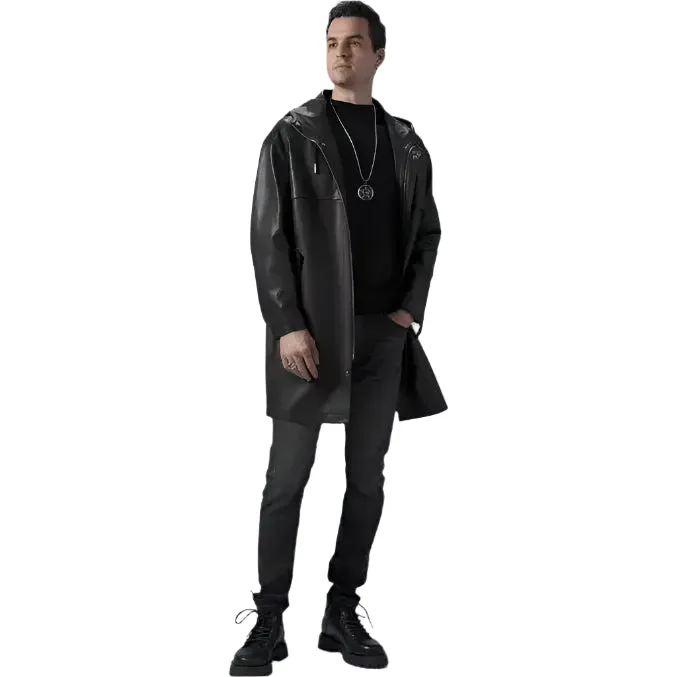 Men's Mid-Length Black Leather Coat with Hood – Stylish & Warm