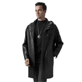 Men's Mid-Length Black Leather Coat with Hood – Stylish & Warm