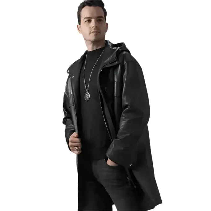 Men's Mid-Length Black Leather Coat with Hood – Stylish & Warm