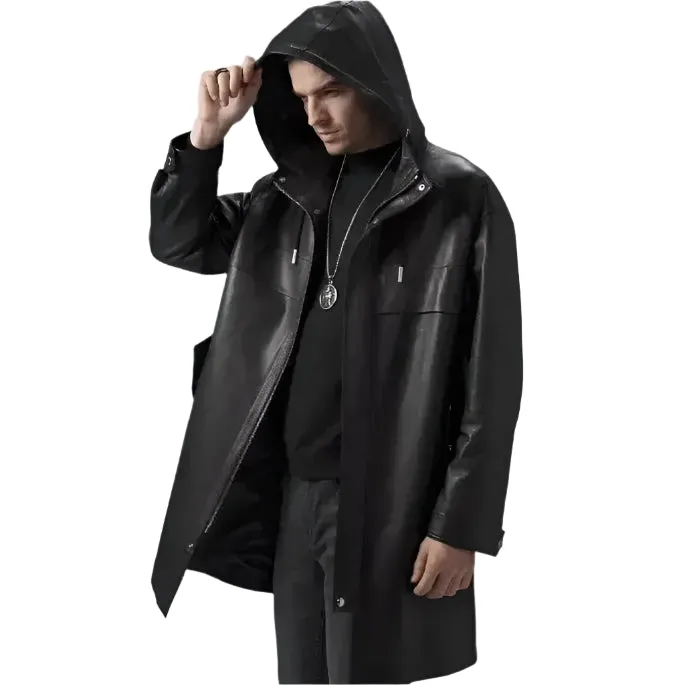 Men's Mid-Length Black Leather Coat with Hood – Stylish & Warm