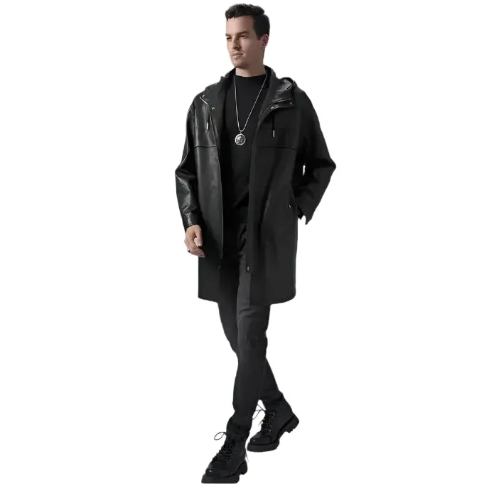 Men's Mid-Length Black Leather Coat with Hood – Stylish & Warm