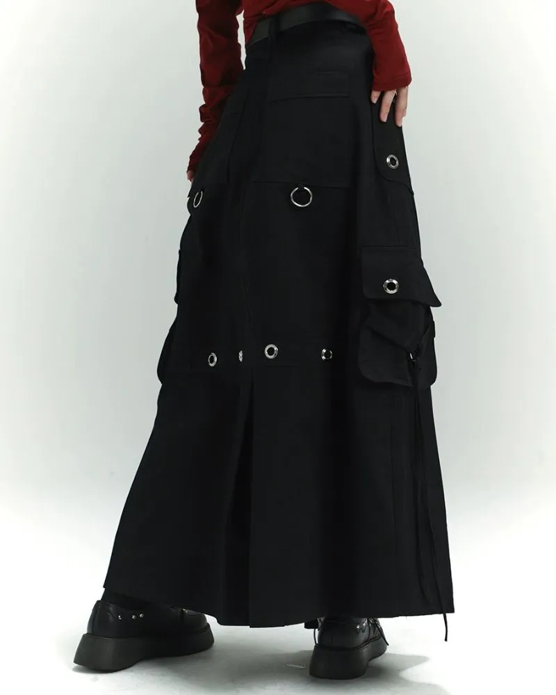 Metal Button Pockets Maxi Cargo Skirt