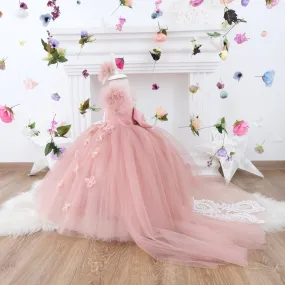 Mia girl dress with train blush