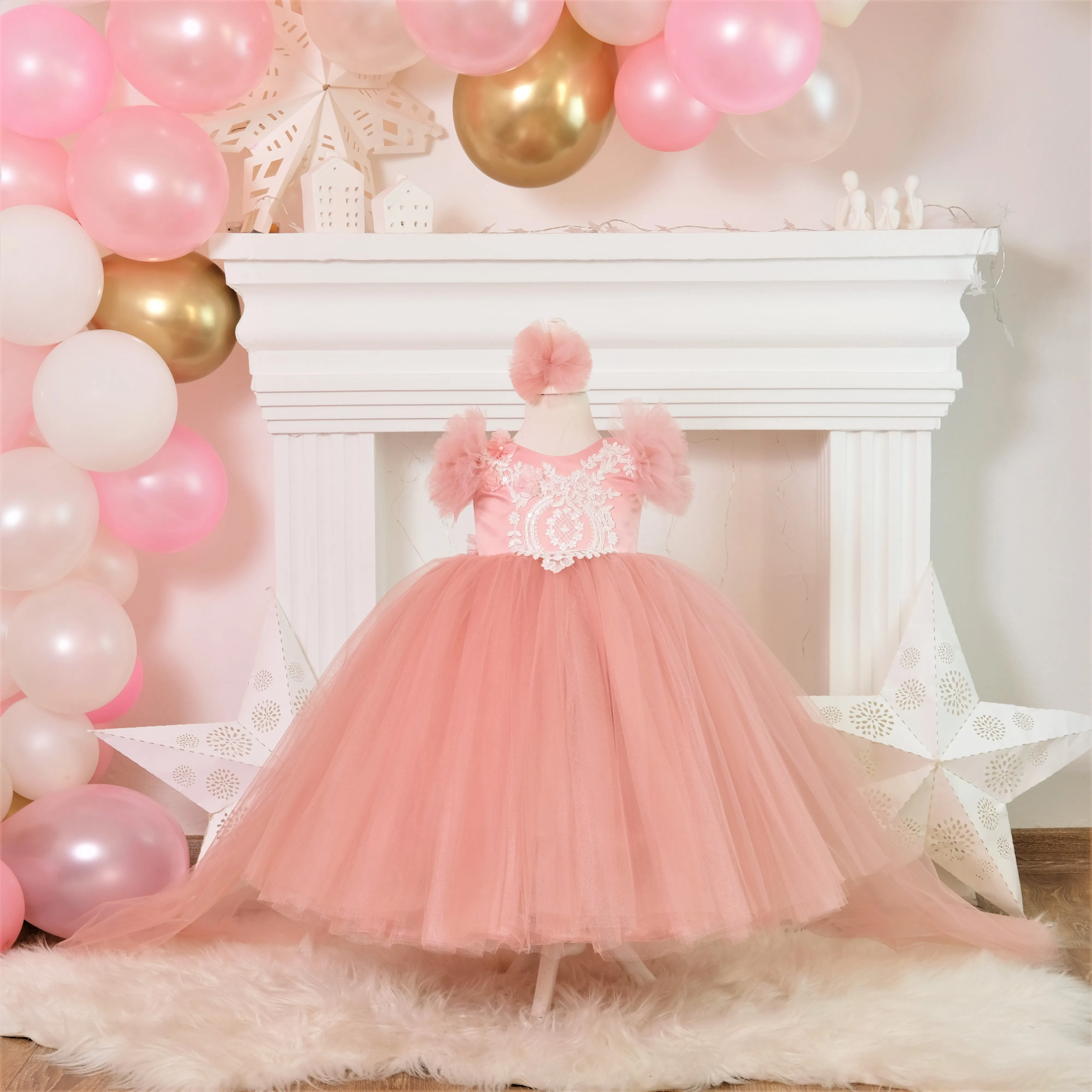 Mia girl dress with train blush