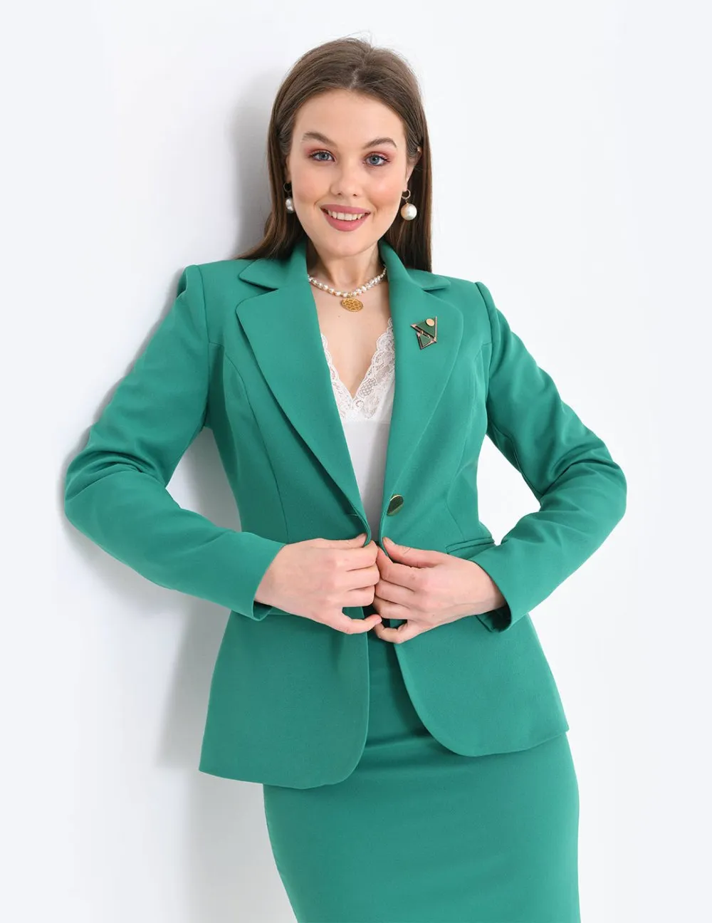 NDL Women Green Women's Suit with Brooch Detail Skirt - Bourges