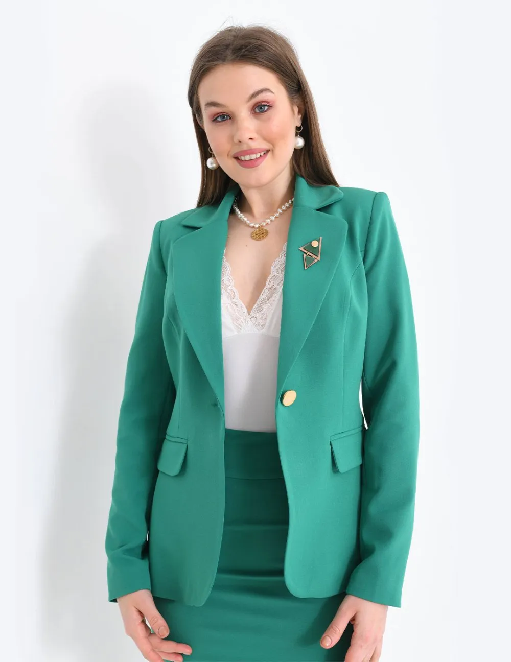 NDL Women Green Women's Suit with Brooch Detail Skirt - Bourges