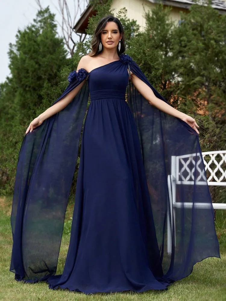 One Shoulder Blue Chiffon Ribbon Fishtail Cocktail Evening Dress