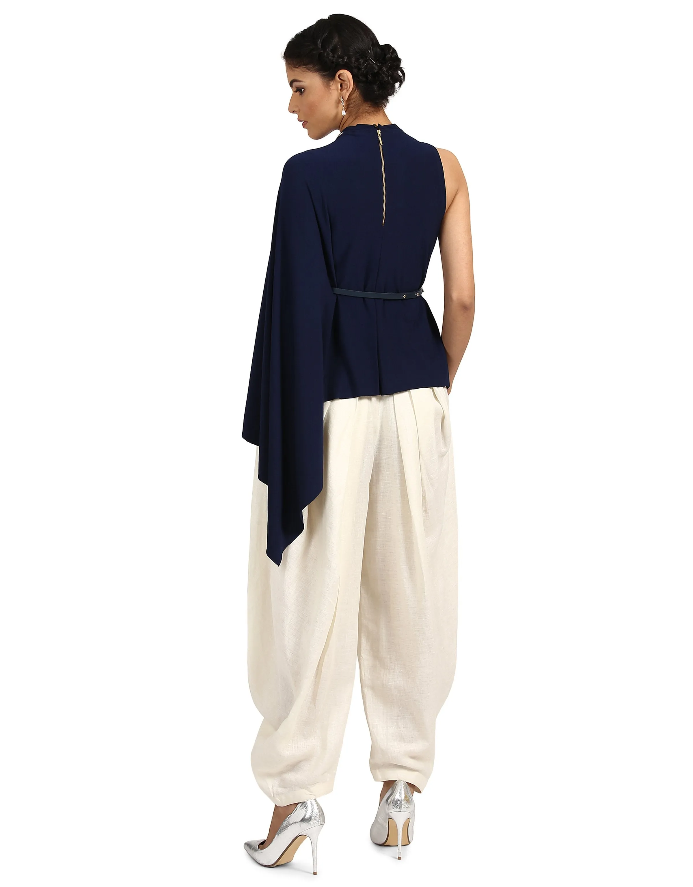 One-Shoulder Cape T-Shirt- Navy