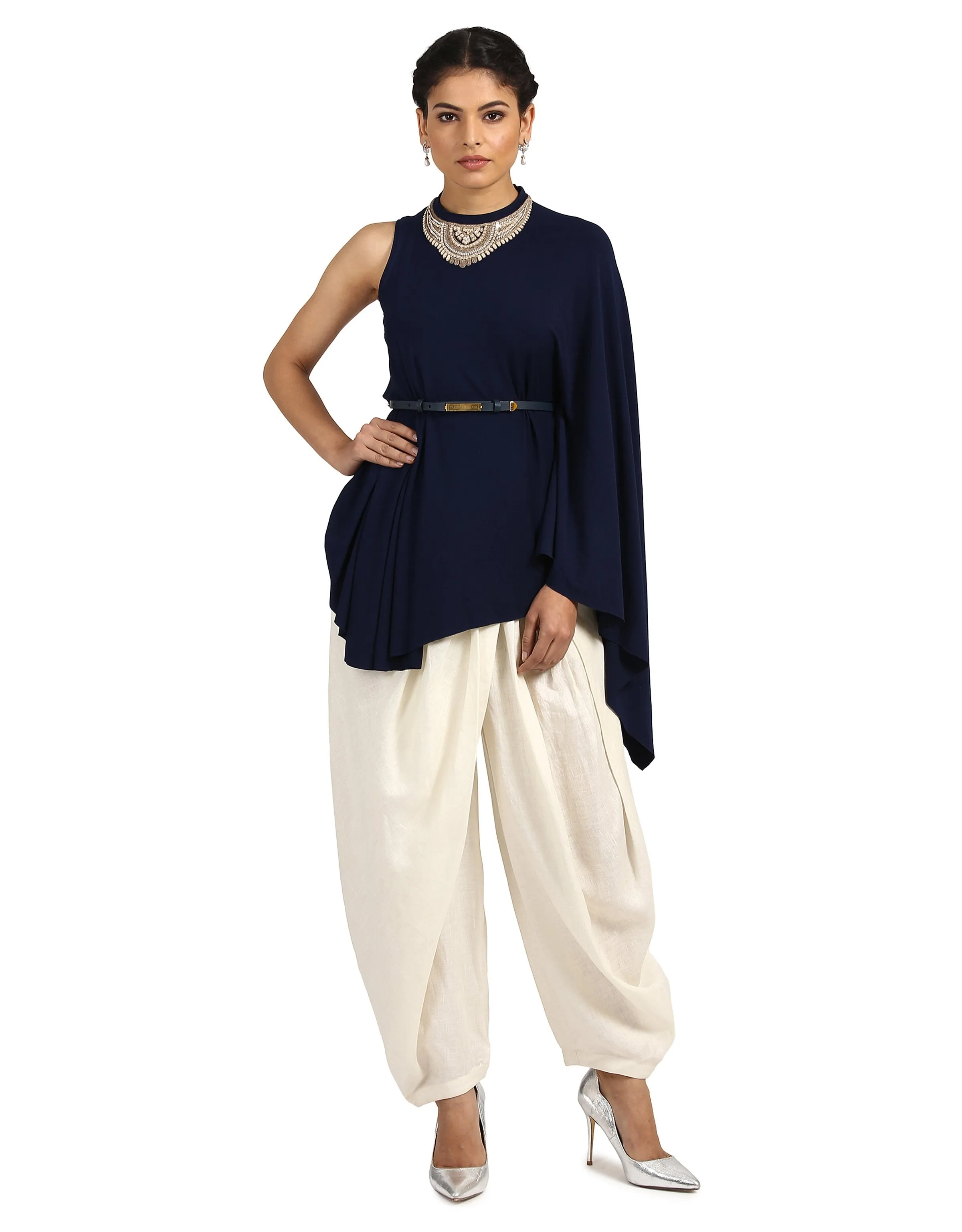 One-Shoulder Cape T-Shirt- Navy