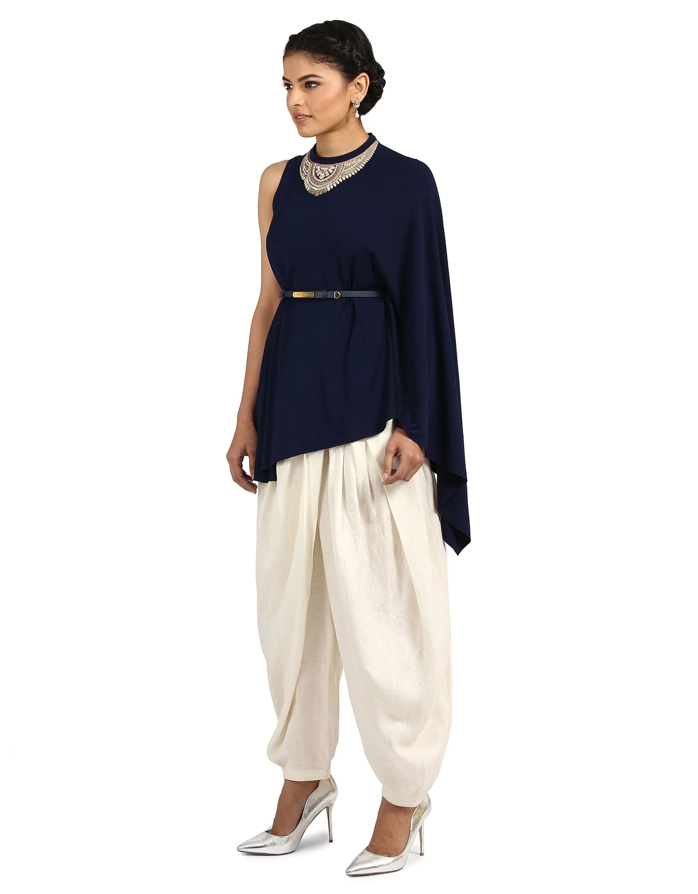 One-Shoulder Cape T-Shirt- Navy