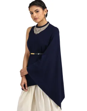 One-Shoulder Cape T-Shirt- Navy