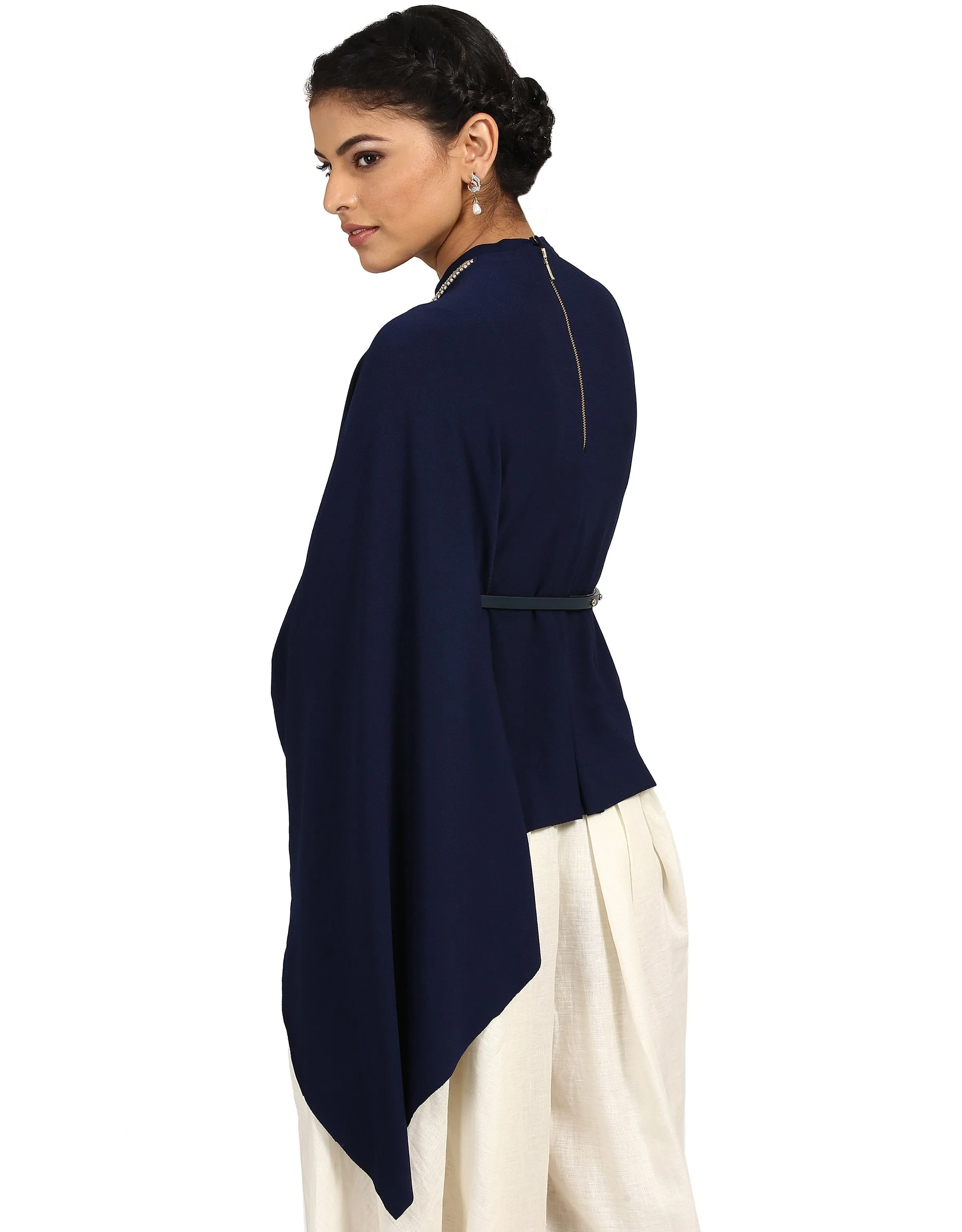 One-Shoulder Cape T-Shirt- Navy