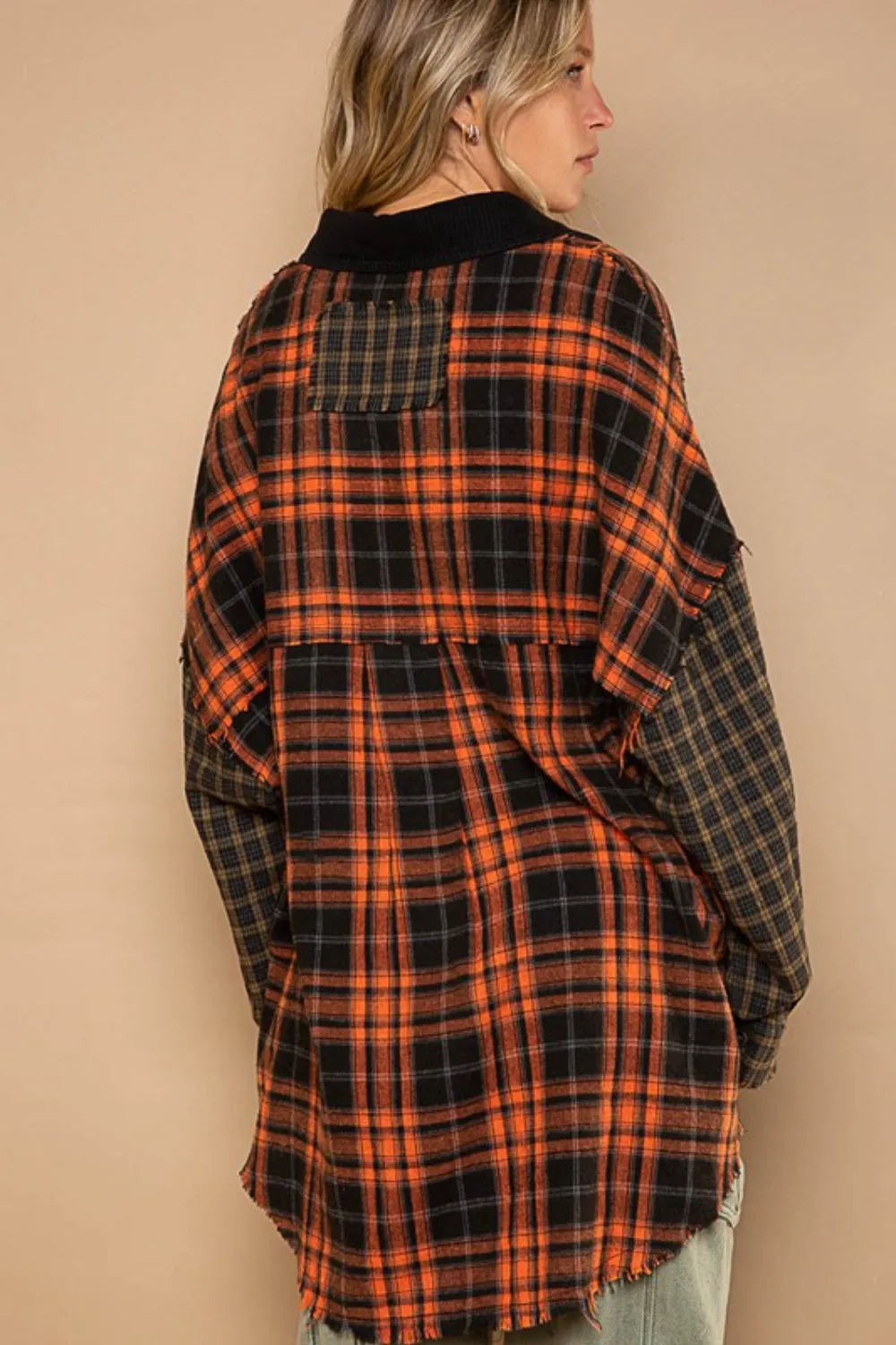 Patchwork Plaid Contrast Long Sleeve Shacket w/ Pockets