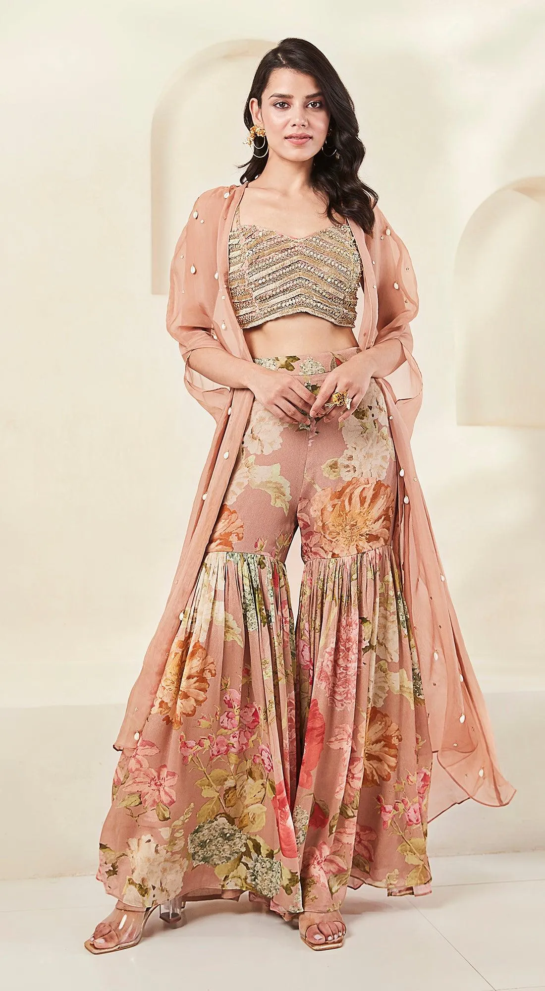 Peach Printed Cape Set
