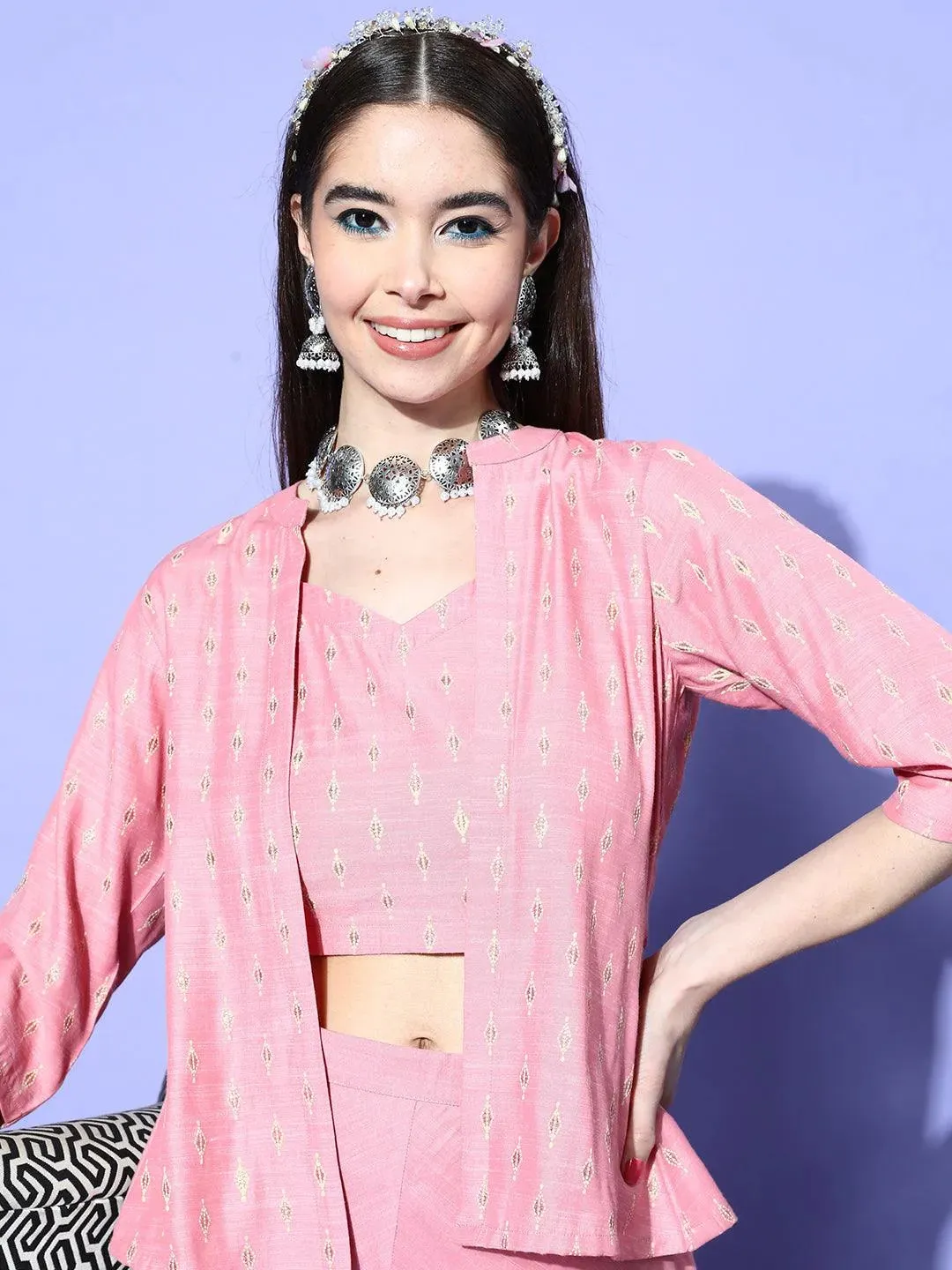 Pink Self Design Silk Blend 3 Piece Co-Ords