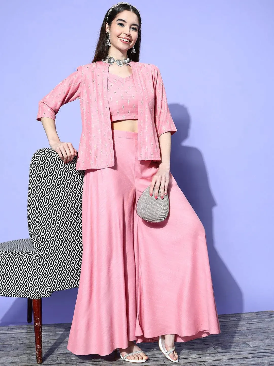 Pink Self Design Silk Blend 3 Piece Co-Ords