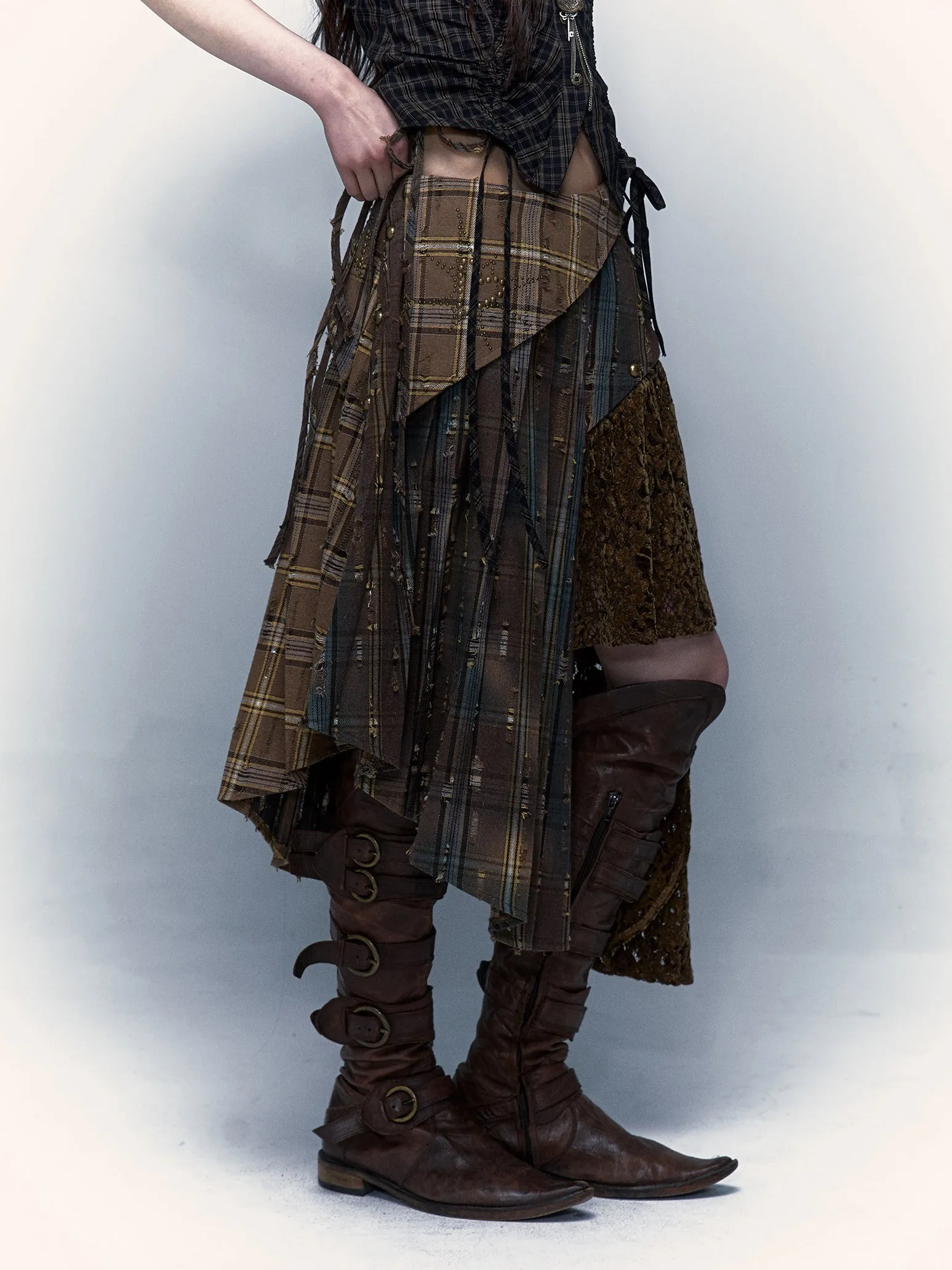 Plaid Splicing Detachable Two-wear Irregular Pleated Skirt