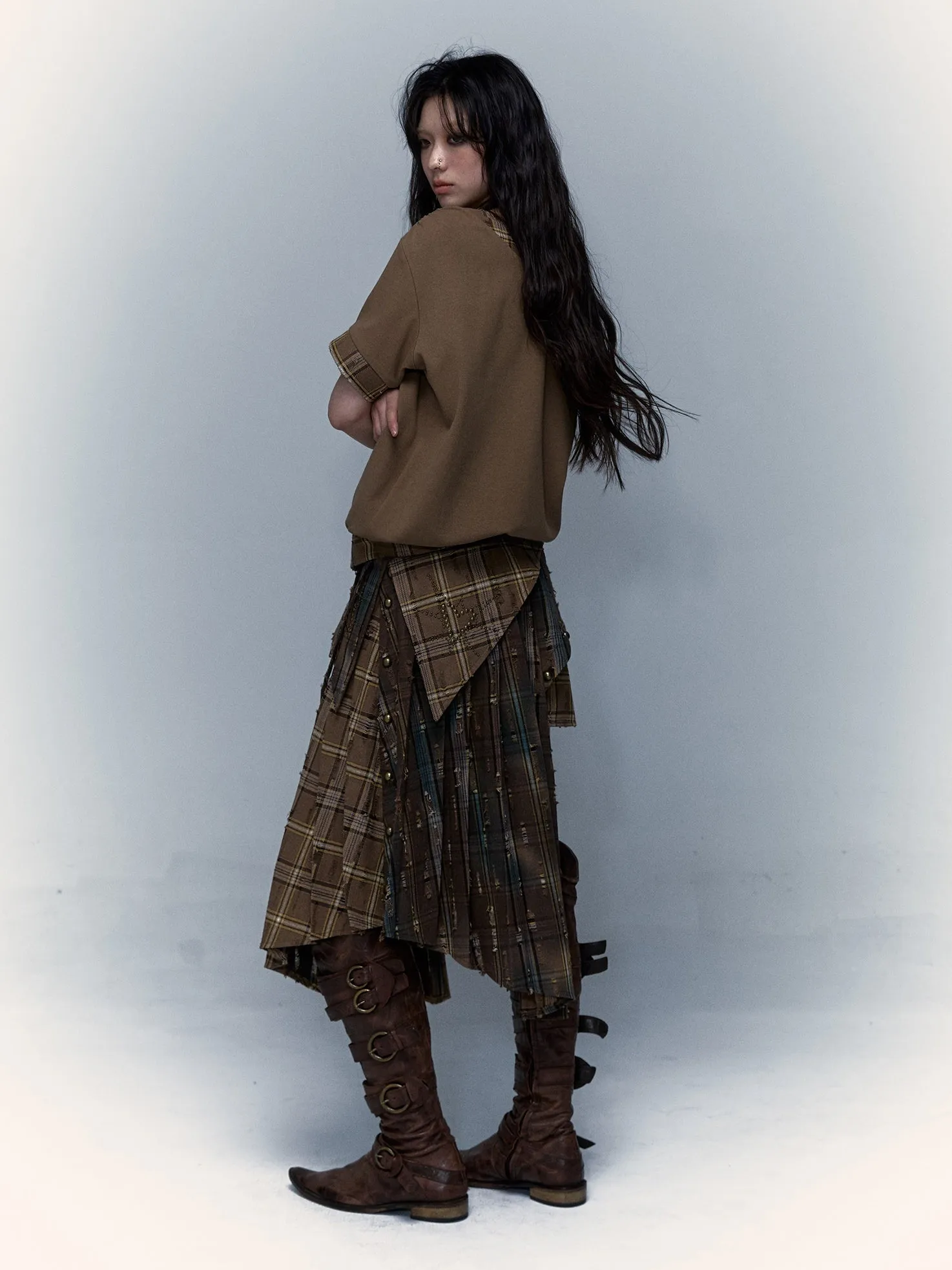 Plaid Splicing Detachable Two-wear Irregular Pleated Skirt