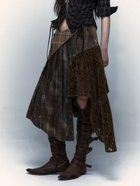 Plaid Splicing Detachable Two-wear Irregular Pleated Skirt
