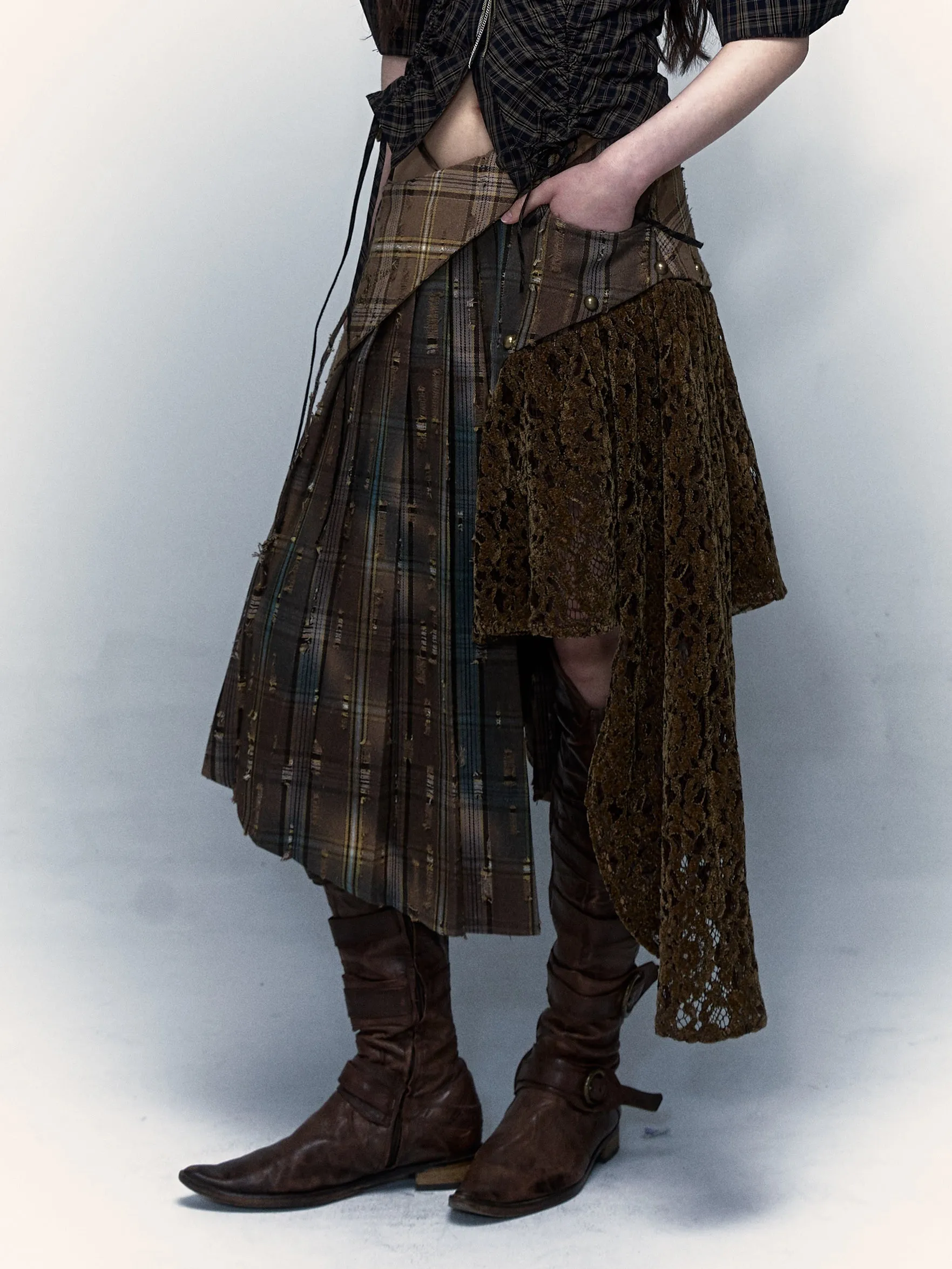 Plaid Splicing Detachable Two-wear Irregular Pleated Skirt