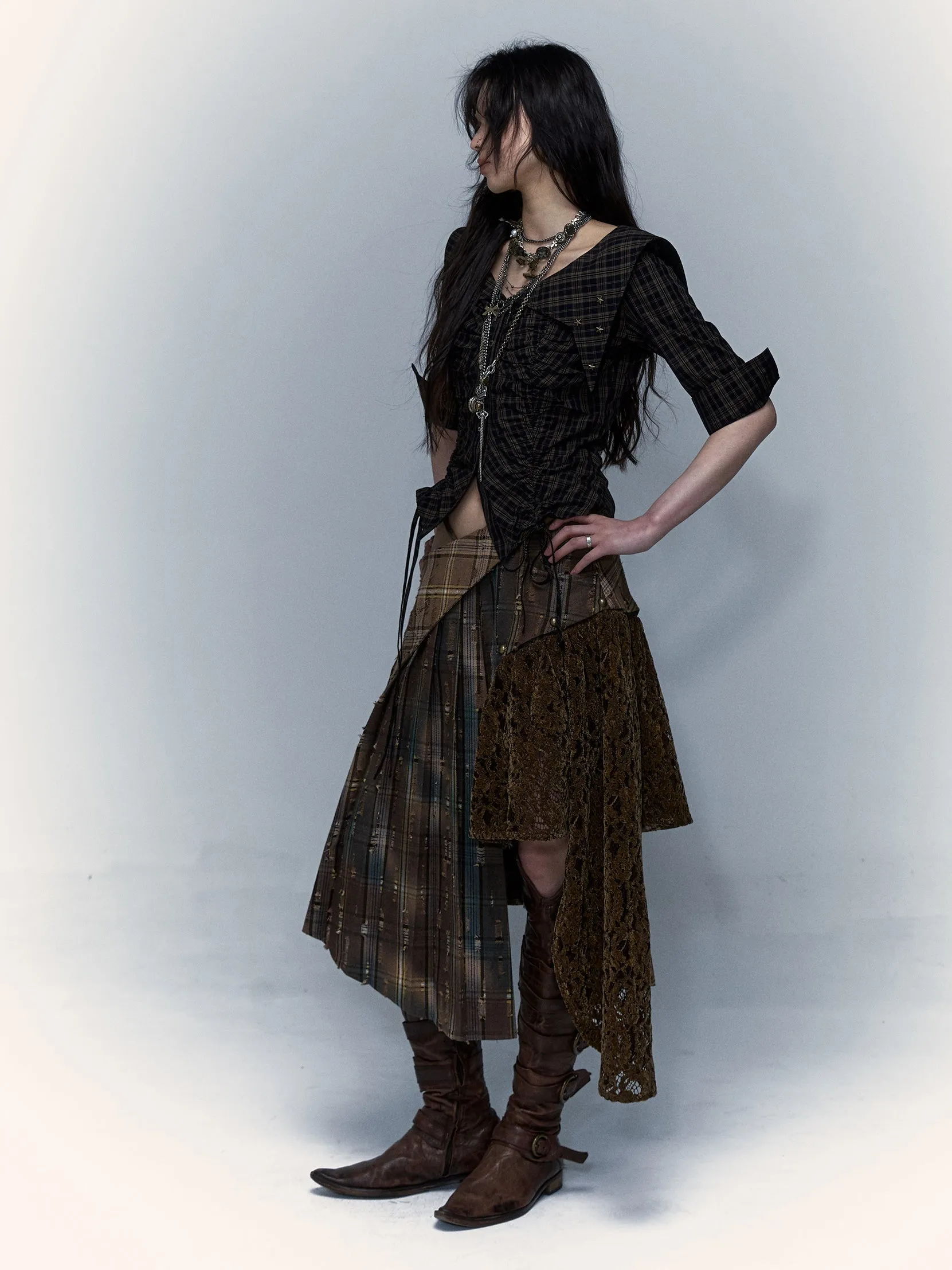 Plaid Splicing Detachable Two-wear Irregular Pleated Skirt