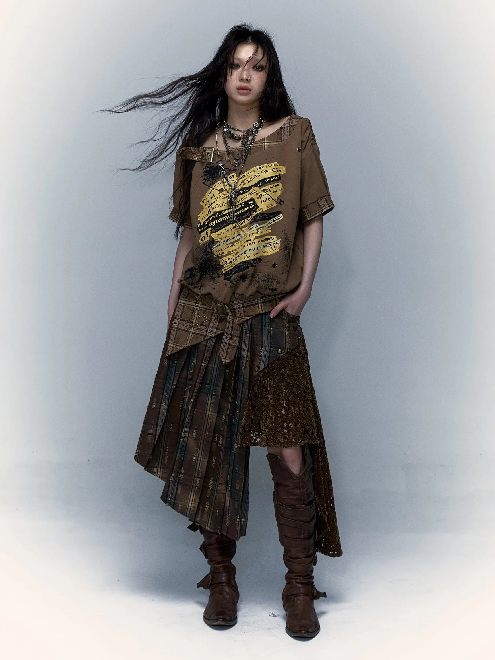 Plaid Splicing Detachable Two-wear Irregular Pleated Skirt