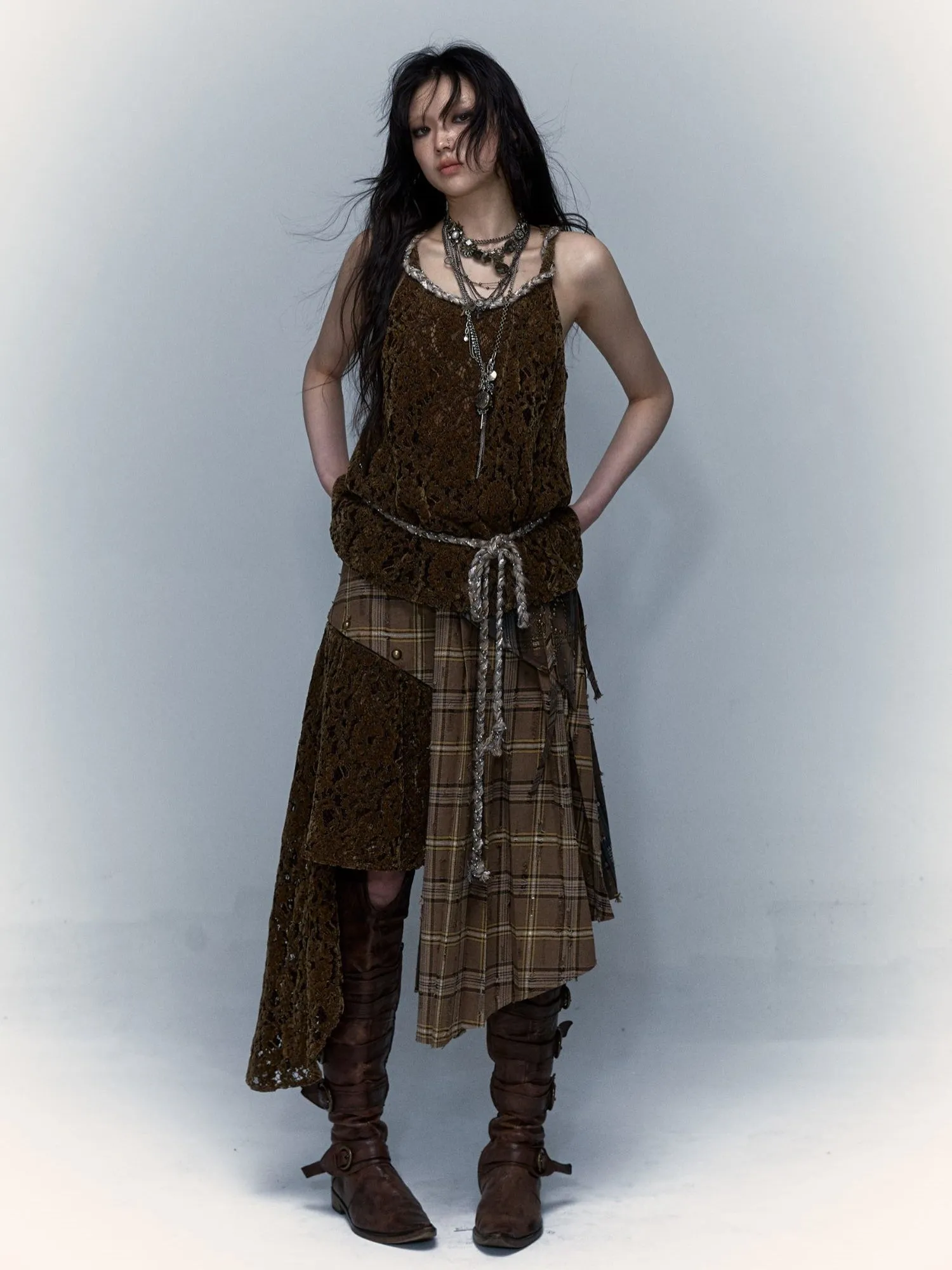 Plaid Splicing Detachable Two-wear Irregular Pleated Skirt