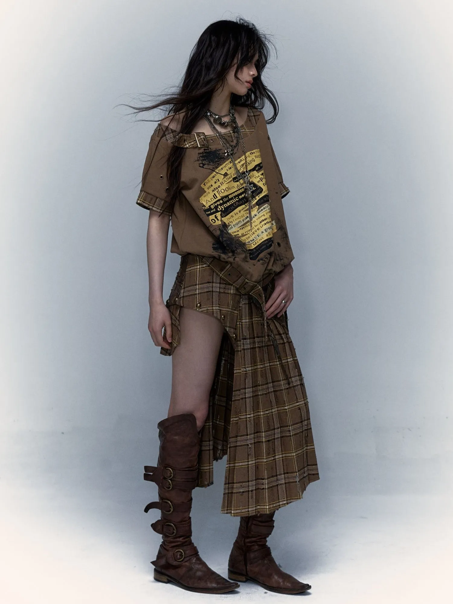 Plaid Splicing Detachable Two-wear Irregular Pleated Skirt